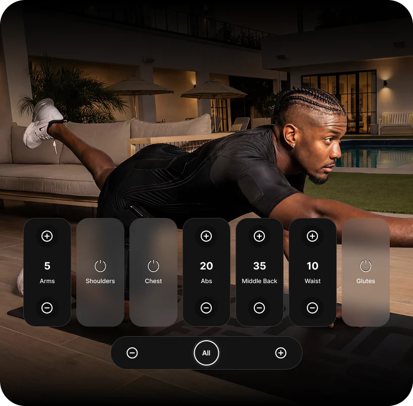 OHM at-home EMS session with per-muscle intensity control